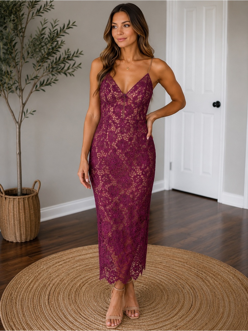 Dress the Population Lace Midi Cocktail Dress XS Plum Floral NWOT Wedding Guest